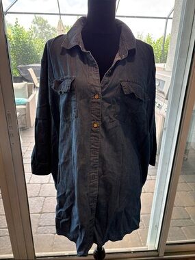 2X Dark Denim Button-Front Shirt Jacket - Deep Blue